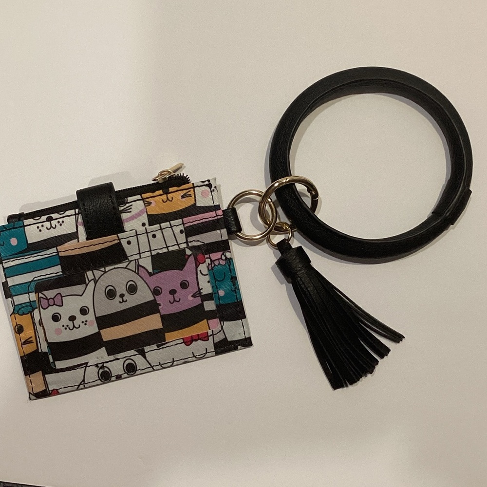 Cute Cat Pattern Card Holder Keyring - Black Tassel